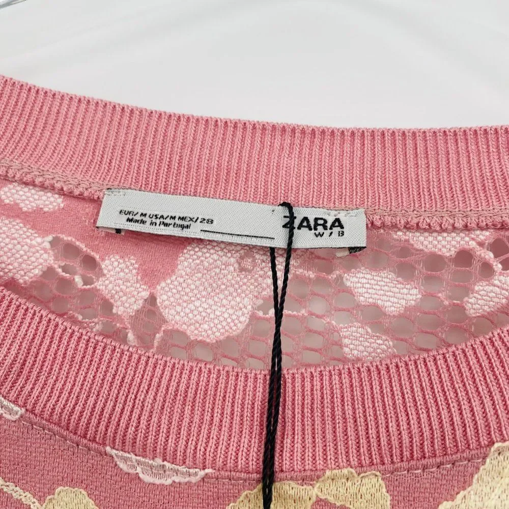 NEW Zara Size Medium Pink Lemonade Floral Lace Boxy Cropped Top